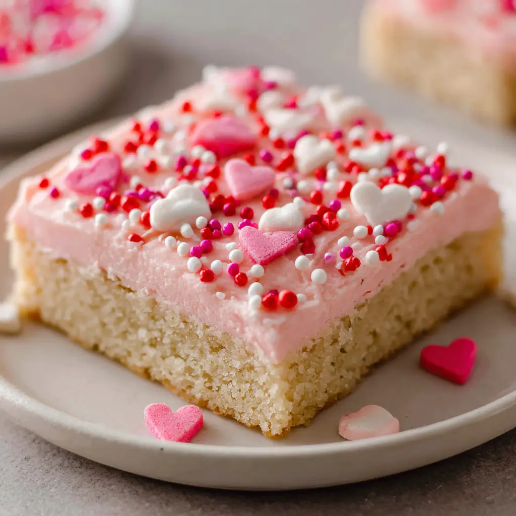 Square-cut Pink Sugar Cookie Bar showing the thick base, evenly spread smooth pastel pink buttercream, and mixed heart candy sprinkles.