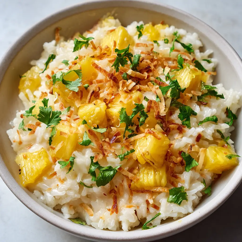 Close up view showing exact textural details of cooked fluffy rice grains and juicy caramelized pineapple topped with vivid green cilantro.