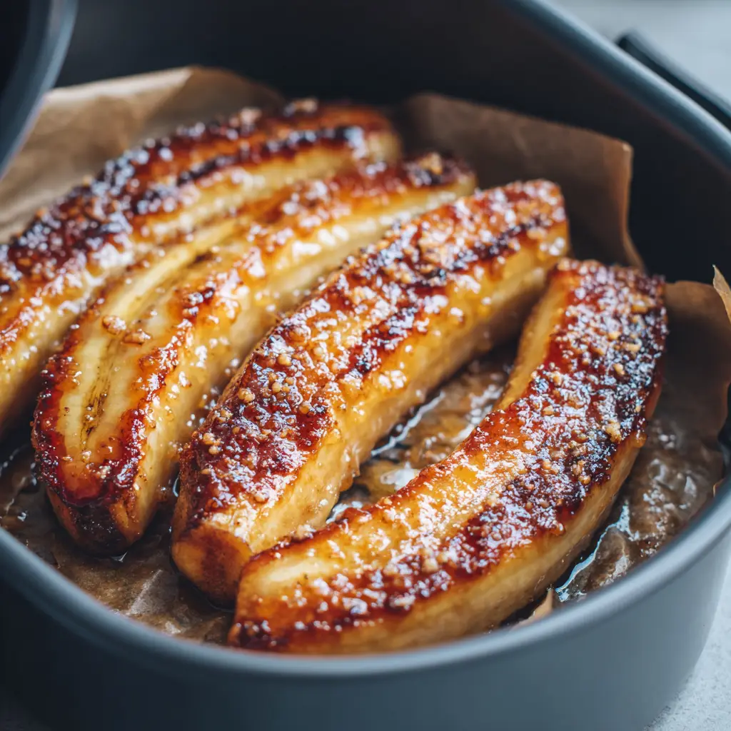 Easy Air Fryer Caramelized Bananas (10 Minutes!) 1 Finished Air Fryer Caramelized Bananas in the air fryer basket showing a glossy caramel syrup pooling around the edges.