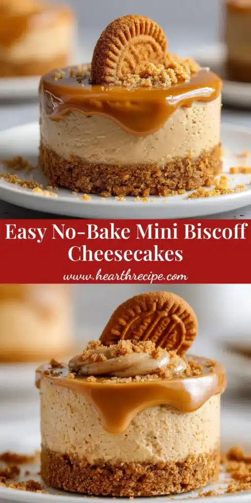 No-Bake Mini Biscoff Cheesecakes 3 A close-up of an unedited, handheld photo showing No-Bake Mini Biscoff Cheesecakes on a white dessert plate with a buttery crushed cookie base, tan cream cheese filling, and melted Biscoff topping.