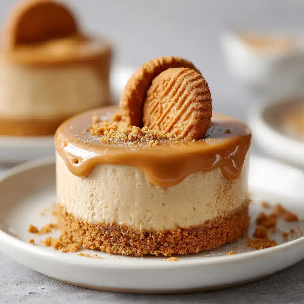 No-Bake Mini Biscoff Cheesecakes 1 Close-up showing a thick, smooth, velvety tan-colored cream cheese and Biscoff filling inside a golden-brown cookie crust.