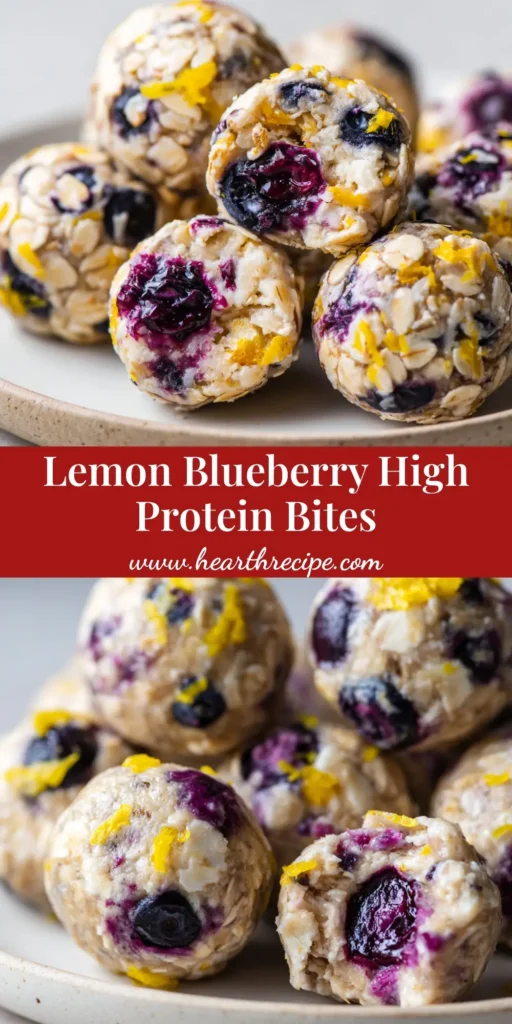 Lemon Blueberry Protein Bites 3 Close-up of bite-sized lemon blueberry cottage cheese protein bites on a minimalist white plate.