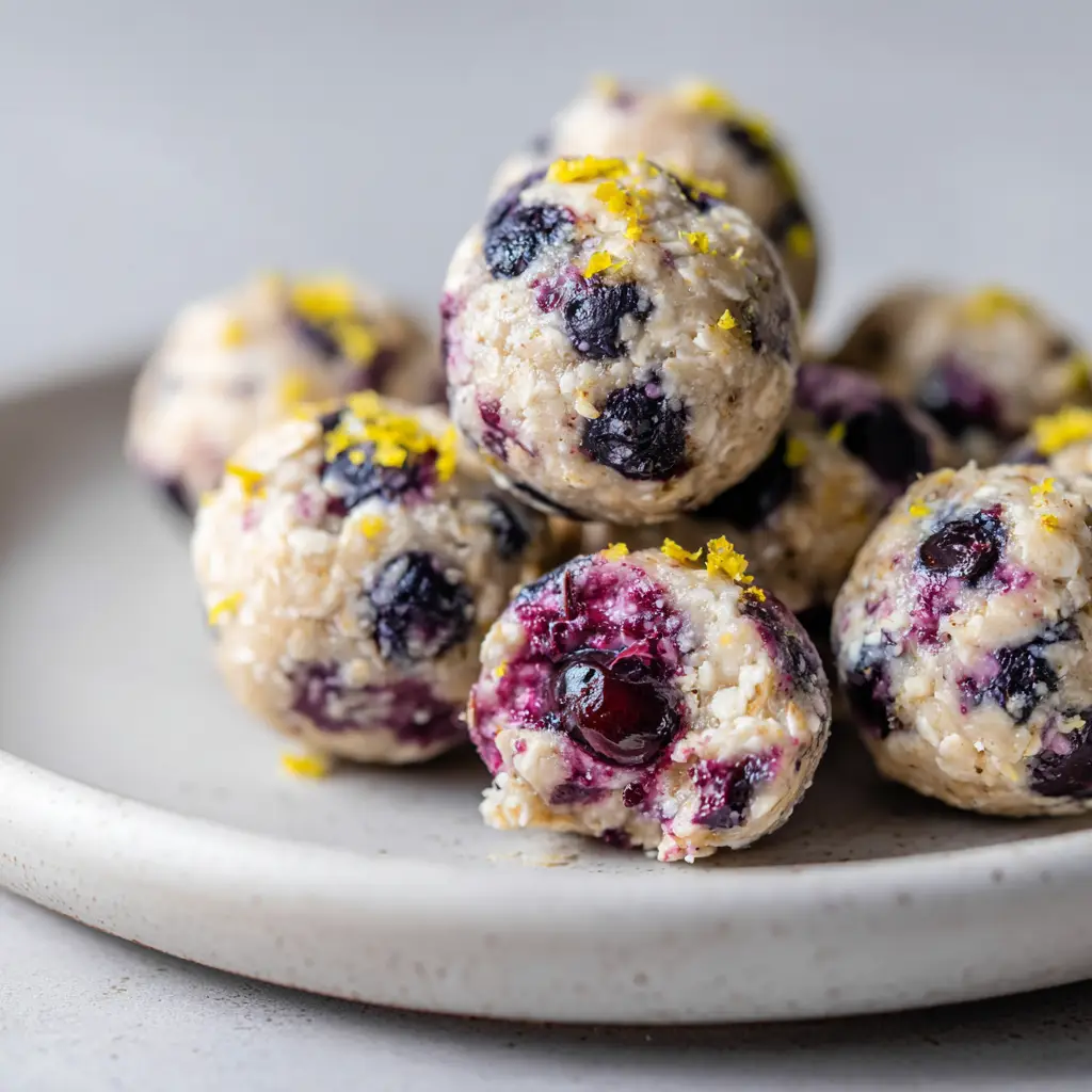 Lemon Blueberry Protein Bites 1 A broken open Lemon Blueberry Protein Bite revealing a glossy, jammy blueberry hidden perfectly in the center.
