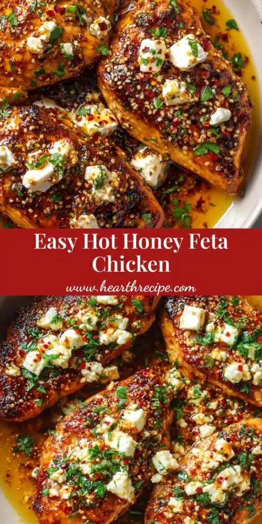 A close up overhead shot of pan-seared Hot Honey Feta Chicken with a glossy sticky glaze, chunks of charred feta, and fresh parsley.