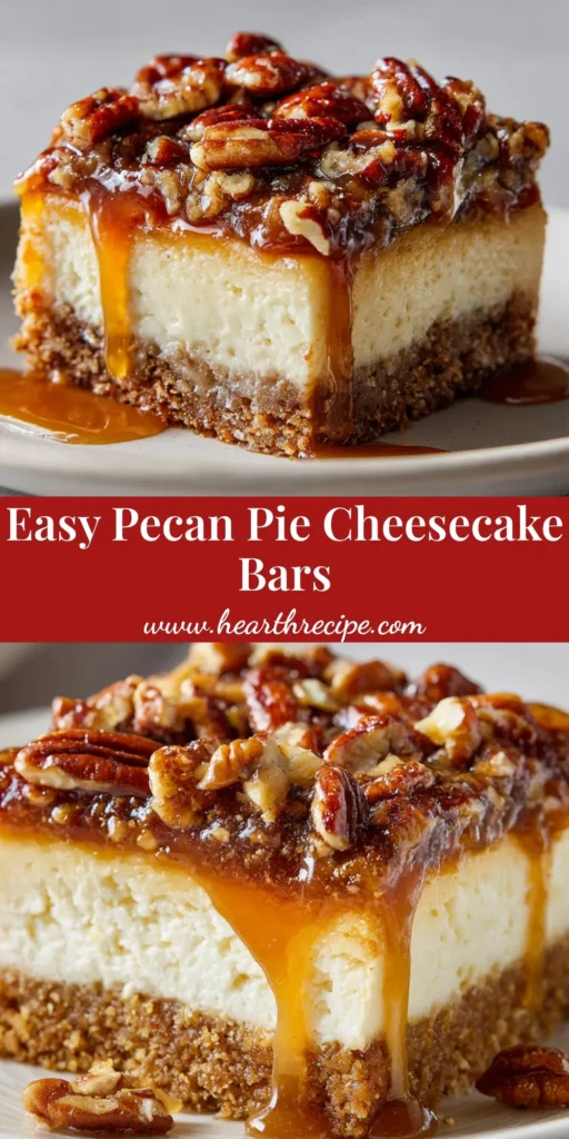 Decadent Pecan Pie Cheesecake Bars 3 A close-up of a thick square Pecan Pie Cheesecake Bar on a white plate, showing a dense graham cracker crust, smooth pale ivory cheesecake, and sticky amber caramel with roasted pecans.