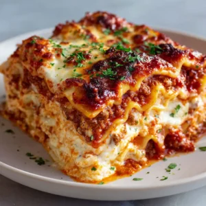 Close-up side view of Million Dollar Italian Lasagna displaying distinct physical layers of ruffled noodles, ground beef sauce, and ricotta cheese.
