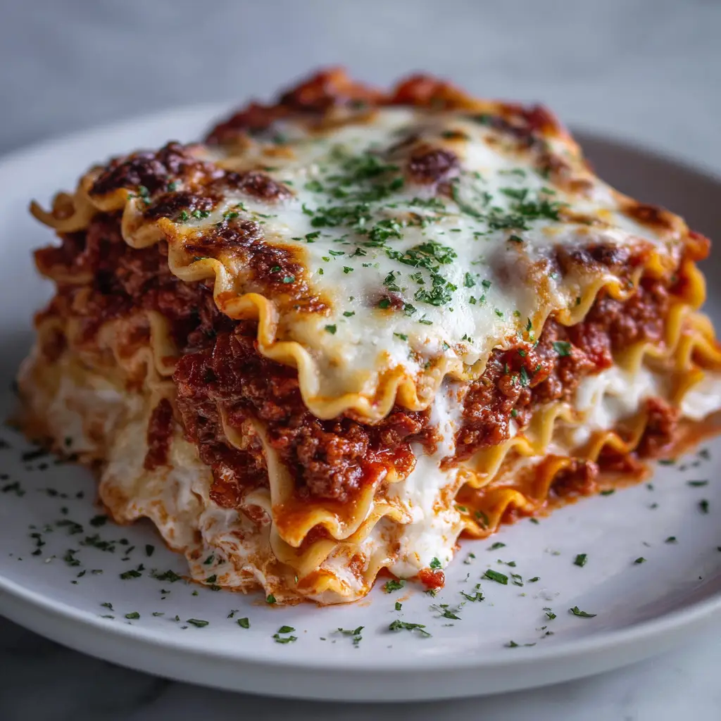 Top-down view of thick, melted, gooey mozzarella cheese with golden-brown, blistered spots on baked lasagna, sprinkled with green parsley.