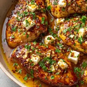Raw ingredients for Hot Honey Feta Chicken including chicken breasts, honey, block feta cheese, and red chili flakes.