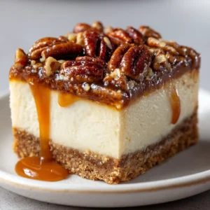 Overhead shot of freshly sliced Pecan Pie Cheesecake Bars showcasing the glossy caramelized glaze and whole roasted pecans on top of the creamy center.