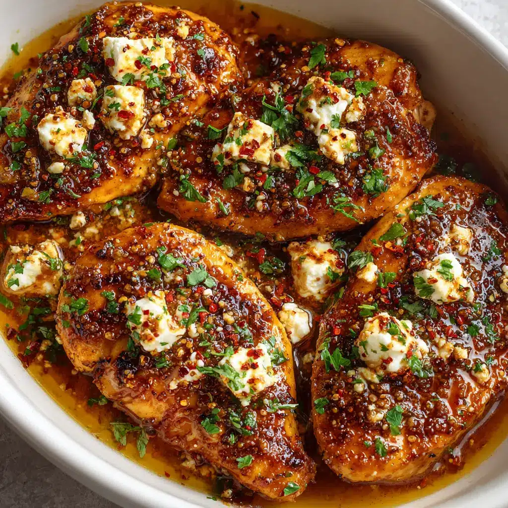 Pan-seared chicken breasts coated in a glossy hot honey glaze topped with generous chunks of melted feta cheese in a white ceramic dish.