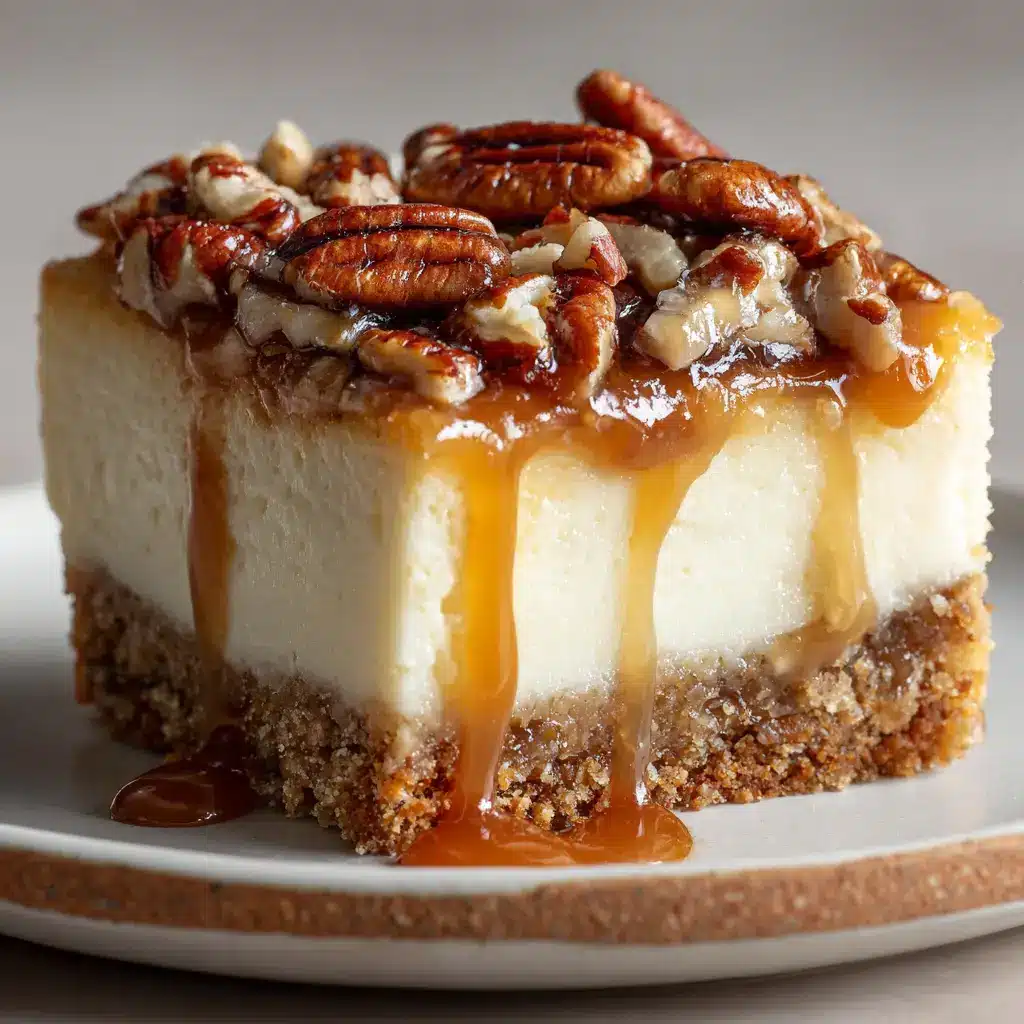 Decadent Pecan Pie Cheesecake Bars 1 Side profile of a Pecan Pie Cheesecake Bar revealing the dense golden-brown graham cracker crust and thick pale ivory baked cheesecake layer.