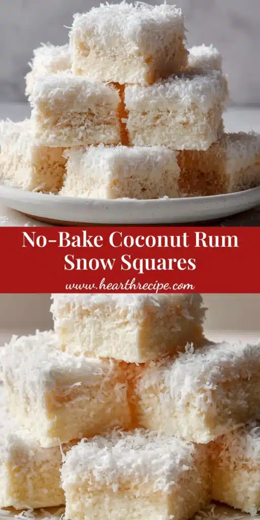 A stack of no-bake Coconut Rum Snow Squares on a white plate, showcasing a dense nougat center and fluffy white shredded coconut coating.