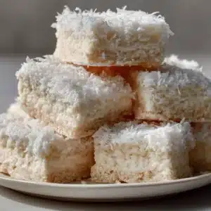 Close-up of ingredients used for making dense coconut rum snow squares, including white chocolate, condensed milk, and shredded coconut.