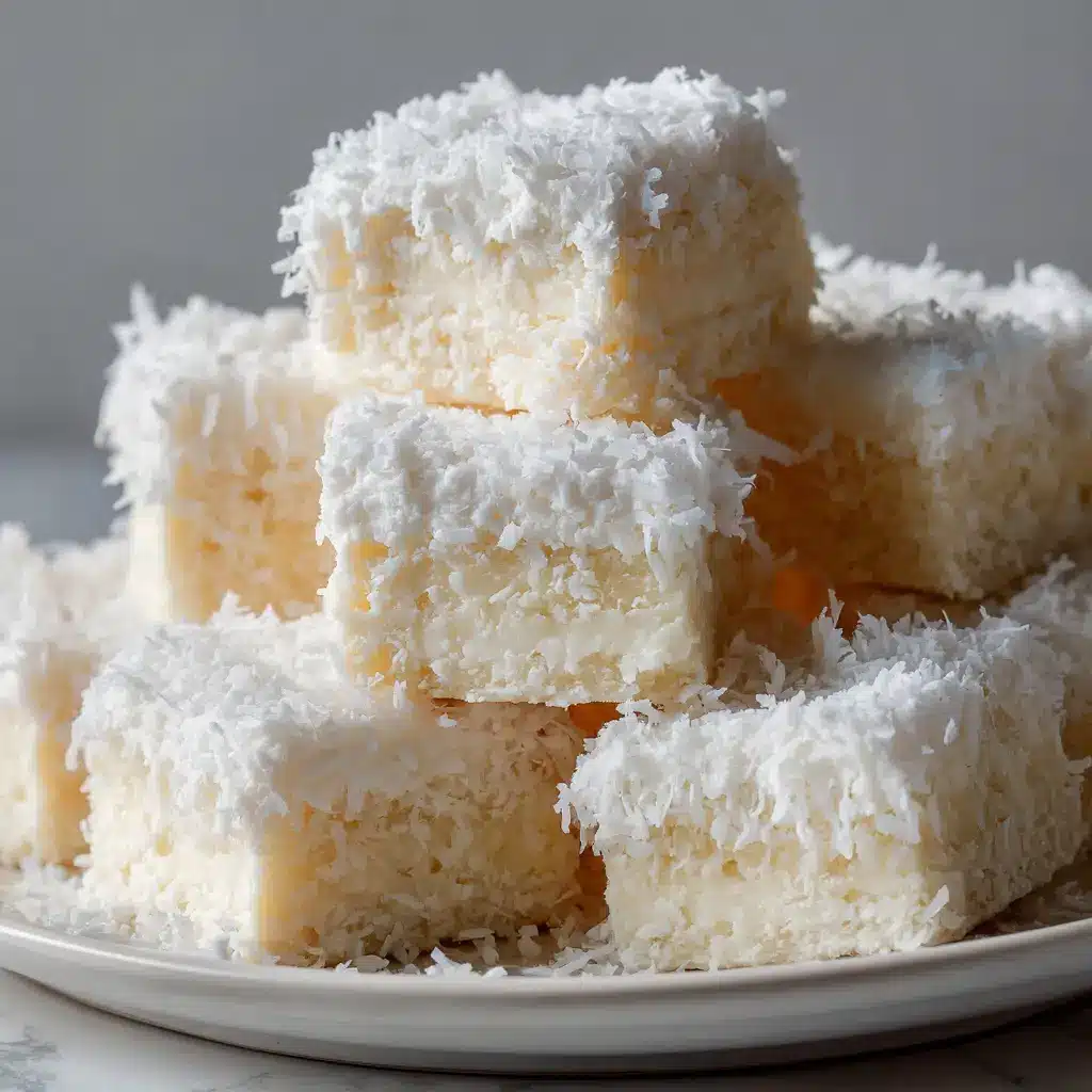 Slicing the chilled, unbaked nougat base into neat 2-inch square pieces before coating in shredded coconut.