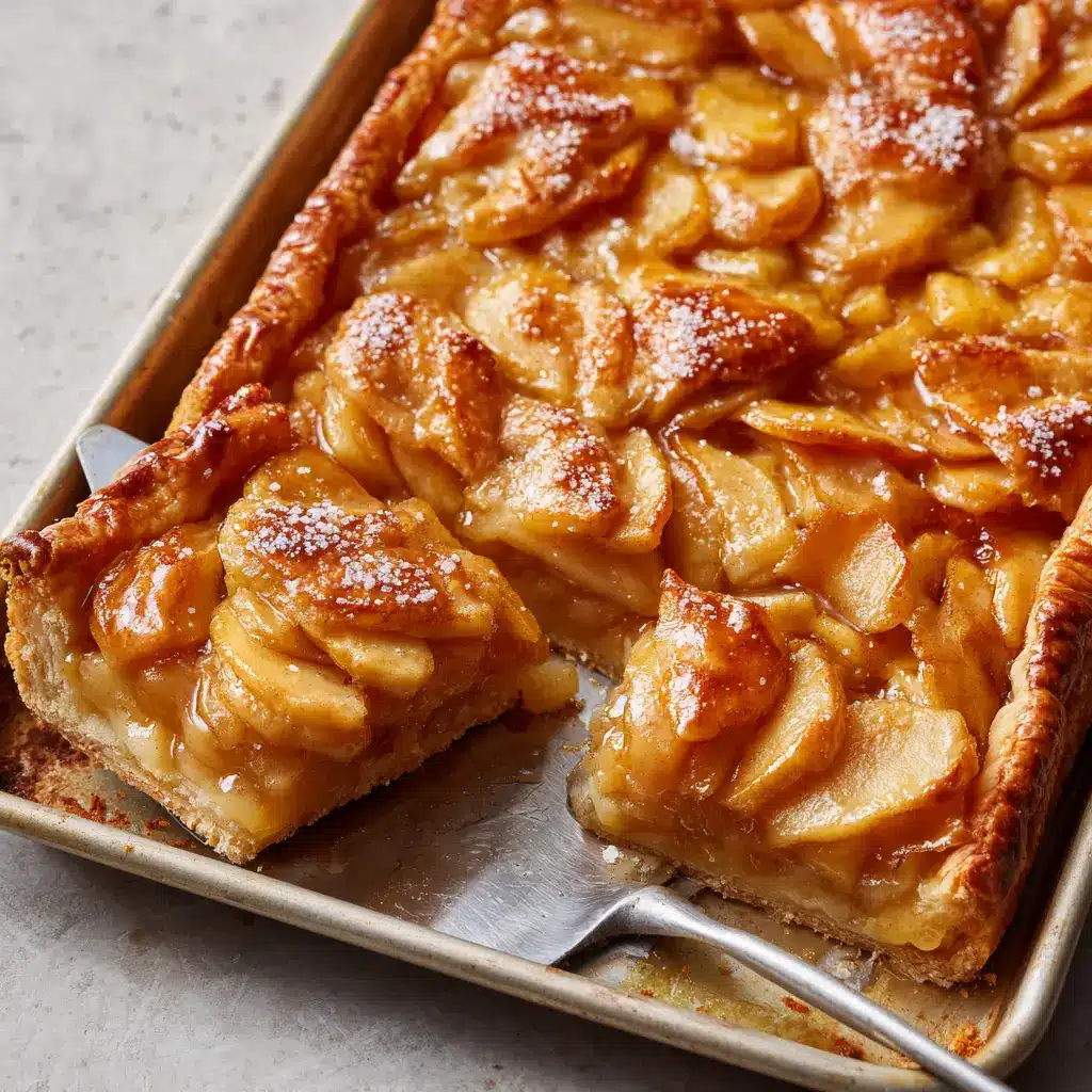 A metal spatula lifting a warm square slice of Apple Slab Pie, showcasing the coarse sanding sugar top.