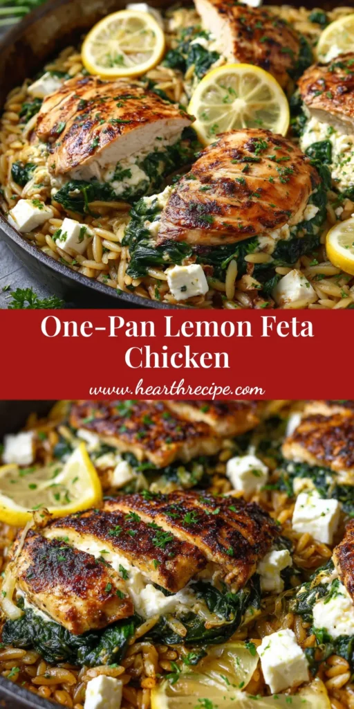 One-Pan Lemon Feta Chicken Orzo: A Mediterranean Skillet Dinner 4 A close-up vertical shot of Lemon Feta Chicken Orzo in a rustic skillet, featuring stuffed chicken, plump glossy pasta, and caramelized lemons.