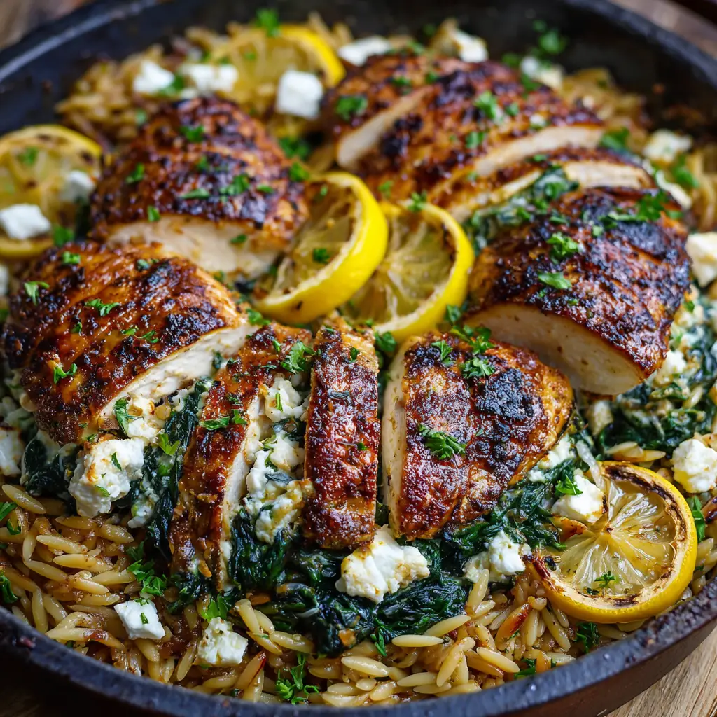 One-Pan Lemon Feta Chicken Orzo: A Mediterranean Skillet Dinner 2 A highly detailed close-up shot of plump, glossy cooked orzo pasta forming the base layer of a Mediterranean dish.
