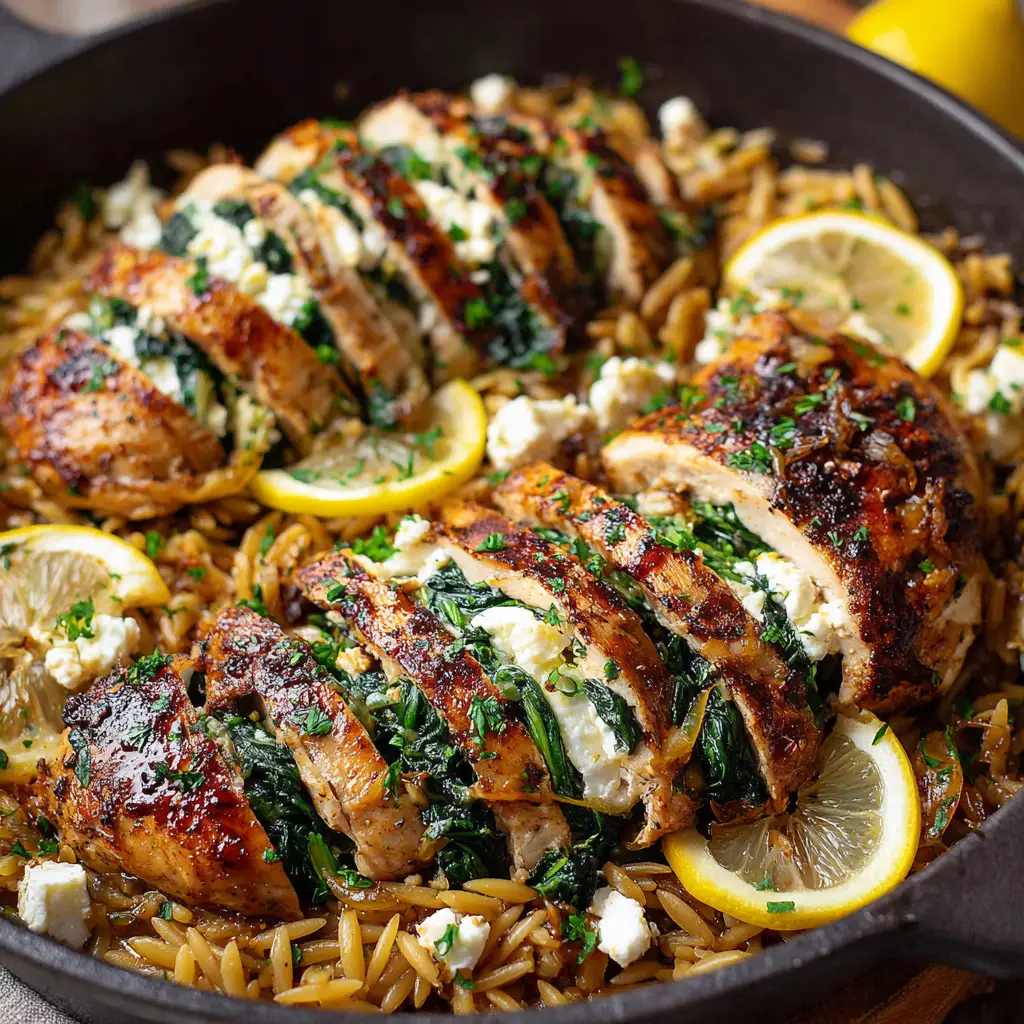 One-Pan Lemon Feta Chicken Orzo: A Mediterranean Skillet Dinner 1 Thick pan-seared chicken breasts sliced open to reveal melted white feta and wilted dark green spinach stuffing.