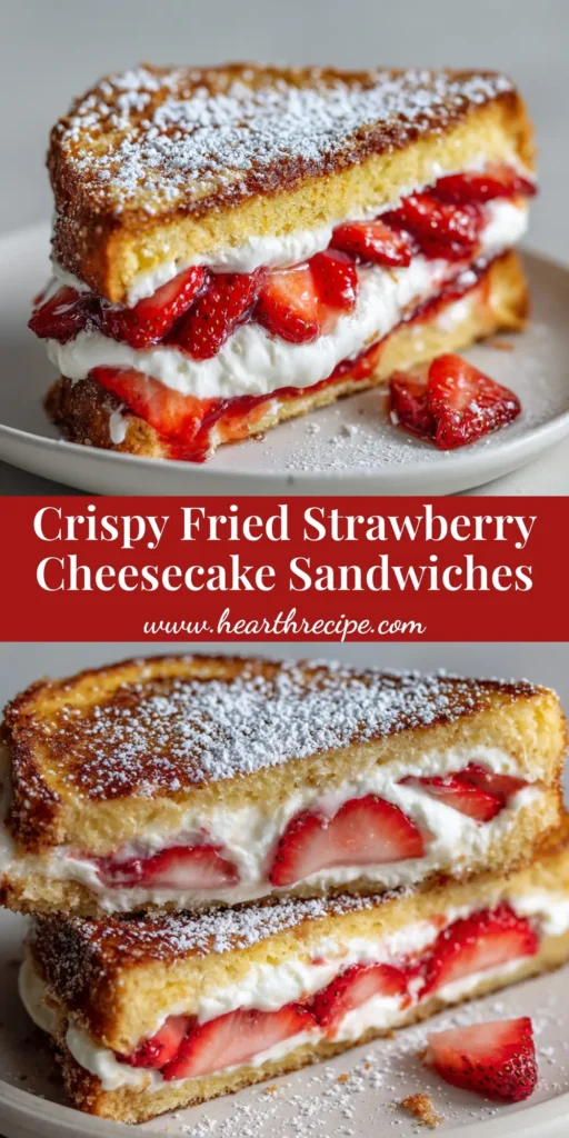 A close-up of a deep golden-brown Fried Strawberry Cheesecake Sandwich cut in half with oozing cream cheese filling and fresh strawberries.