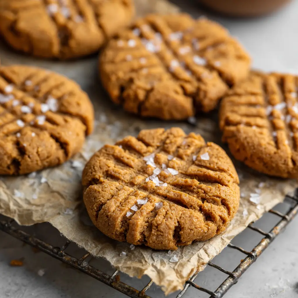 Oat Flour Peanut Butter Cookies 2 Close up of soft baked oat flour peanut butter cookies resting on a rustic wire cooling rack over a piece of parchment paper.