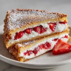 Ingredients for Fried Strawberry Cheesecake Sandwiches including white bread, cream cheese, fresh strawberries, and powdered sugar.