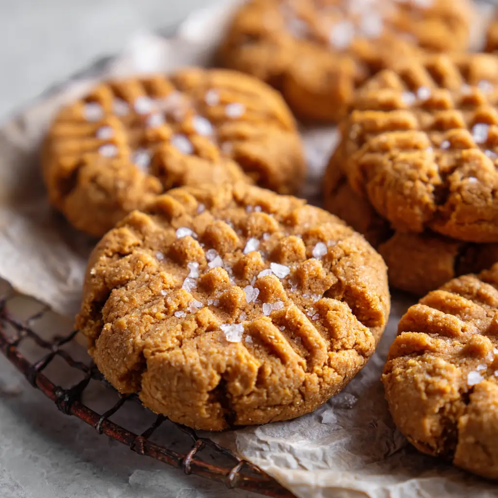 Oat Flour Peanut Butter Cookies 1 Oat flour peanut butter cookies sprinkled with flakes of coarse sea salt, showing a chewy and moist center with crispy edges.