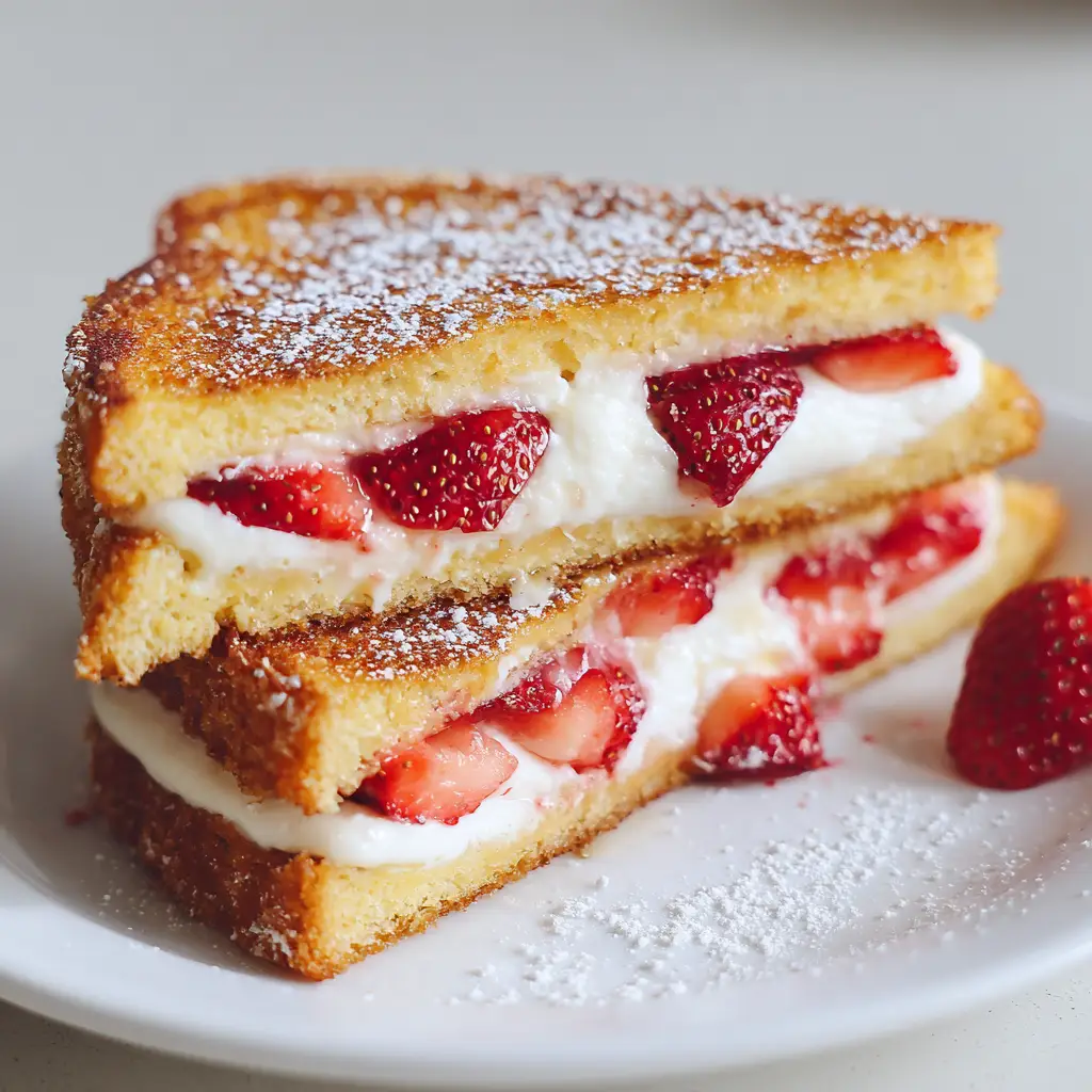 A diagonally sliced Fried Strawberry Cheesecake Sandwich dusted with powdered sugar on a white ceramic plate.