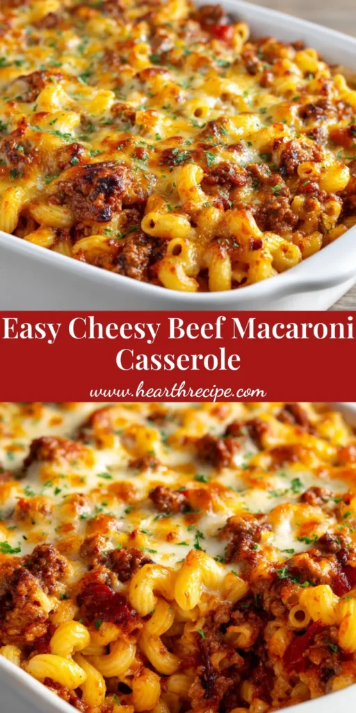 Close-up of a scooped portion of cheesy beef macaroni casserole showing hollow elbow pasta, thick red tomato meat sauce, and gooey melted mozzarella and cheddar cheese.