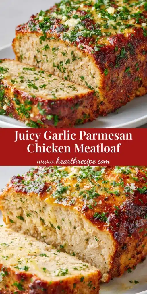 A freshly baked and sliced garlic parmesan chicken meatloaf with a glossy garlic butter glaze and green parsley garnish.