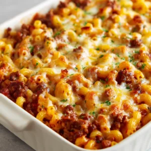 Ingredients for beef macaroni casserole including elbow pasta, ground beef, crushed tomatoes, onions, garlic, fresh parsley, cheddar, and mozzarella cheese.