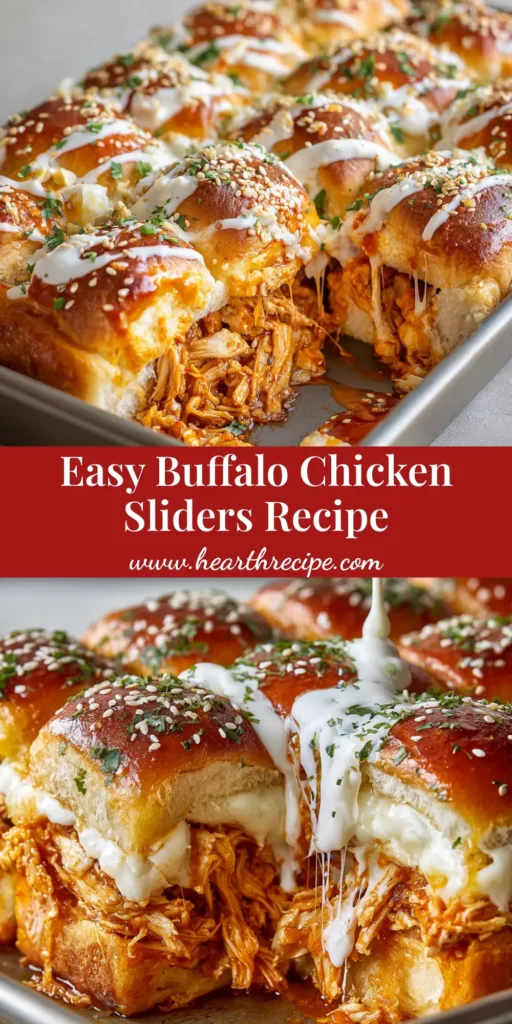 A close-up of baked pull-apart buffalo chicken sliders with gooey provolone cheese, vibrant buffalo sauce, and a buttery sesame crust in a baking pan.