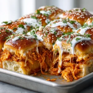 Ingredients for buffalo chicken sliders including Hawaiian rolls, shredded chicken, buffalo sauce, ranch dressing, and provolone cheese.