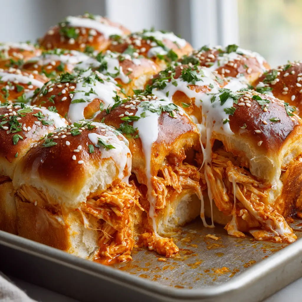 One baked buffalo chicken slider pulled away from the batch, stretching the thick layer of melted provolone cheese and dripping vibrant orange hot sauce.