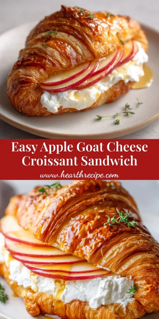 An overhead view of a flaky Apple Goat Cheese Croissant drizzled with honey and fresh thyme.