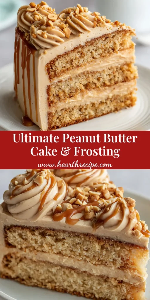 A close-up of a thick slice of layered peanut butter cake featuring a moist golden-brown crumb, smooth light tan frosting, chopped peanuts, and a thick glossy drizzle.