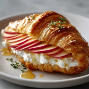 A close up shot of a flaky, deeply golden baked croissant sliced horizontally acting as the base, spread with creamy white goat cheese.