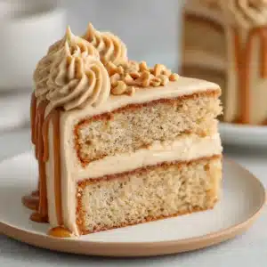 Ingredients for peanut butter cake including creamy peanut butter, buttermilk, brown sugar, eggs, and flour on a counter.