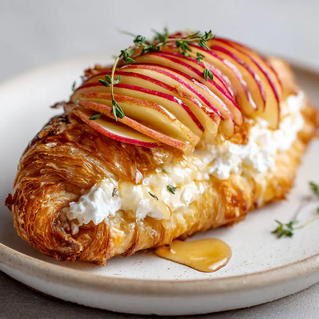 Apple Goat Cheese Croissant topped with a layered row of red apples, glossy honey, and green thyme on a white ceramic plate.