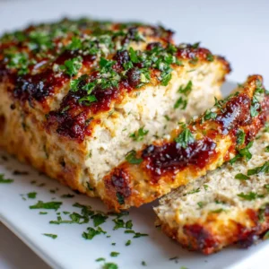 Ingredients for making garlic parmesan chicken meatloaf including ground chicken, parmesan, herbs, and garlic butter.