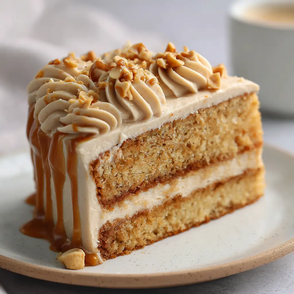 A thick slice of layered peanut butter cake on a simple white ceramic dessert plate showing the thick swirled frosting and peanut garnish.
