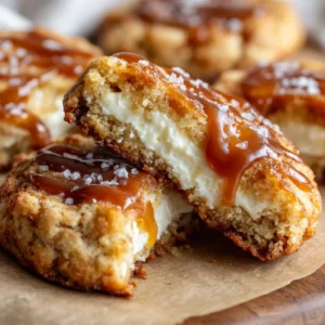 Ingredients and prep for thick soft-baked golden-brown Caramel Cheesecake Cookies.