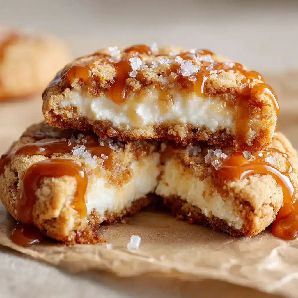 Decadent Caramel Cheesecake Cookies (Soft-Baked & Stuffed) 1 A gooey amber caramel sauce drizzled over a soft-baked stuffed cookie on parchment paper.