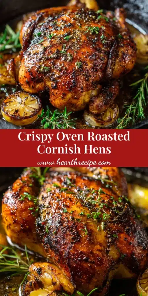 The Ultimate Roasted Cornish Hen with Garlic and Herb Butter 4 A visually stunning whole roasted Cornish hen with deeply golden, blistering skin in a cast iron skillet.