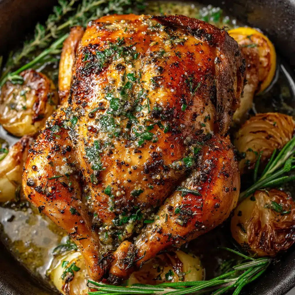 The Ultimate Roasted Cornish Hen with Garlic and Herb Butter 2 Close-up of a raw Cornish hen surrounded by fresh rosemary, thyme, garlic, and halved lemons in a cast iron skillet.