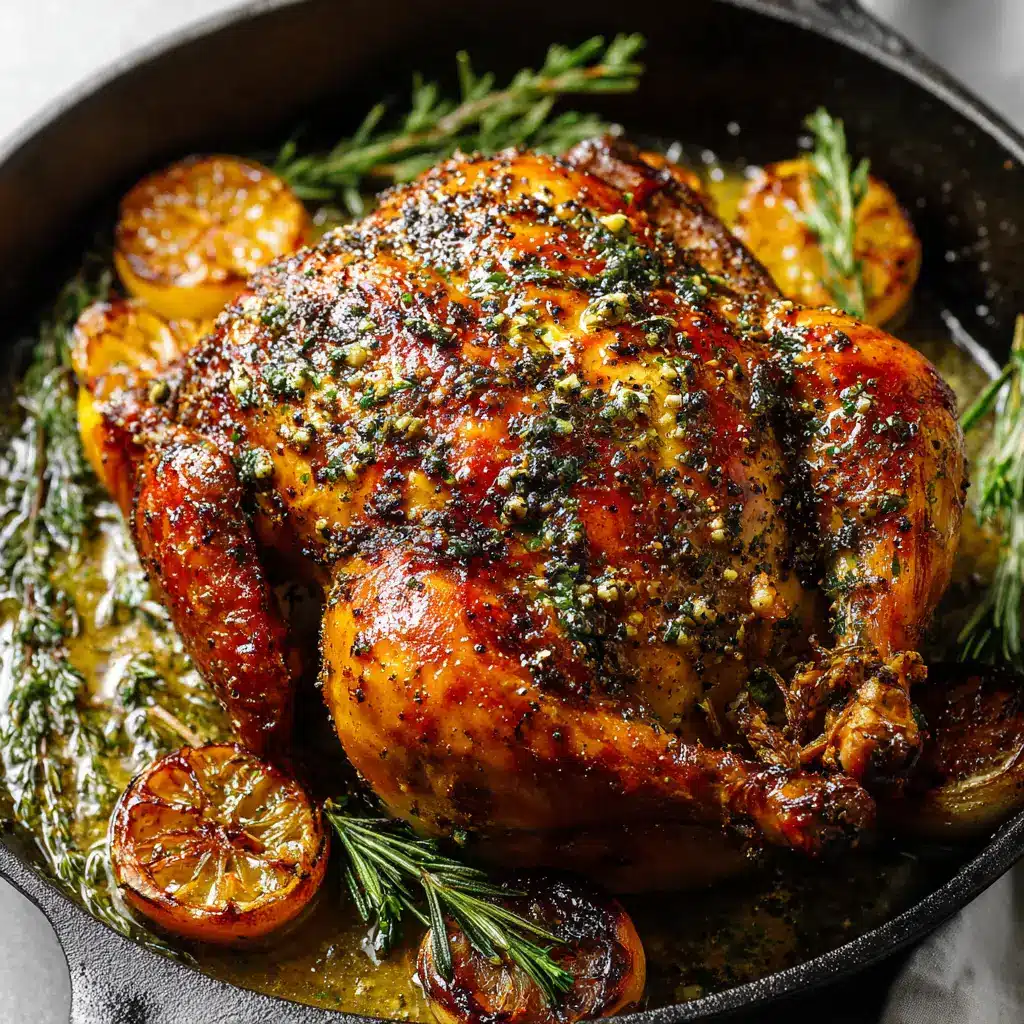 The Ultimate Roasted Cornish Hen with Garlic and Herb Butter 1 Close-up of the deeply golden brown, crispy skin of a roasted Cornish hen heavily speckled with coarse salt and cracked black pepper.