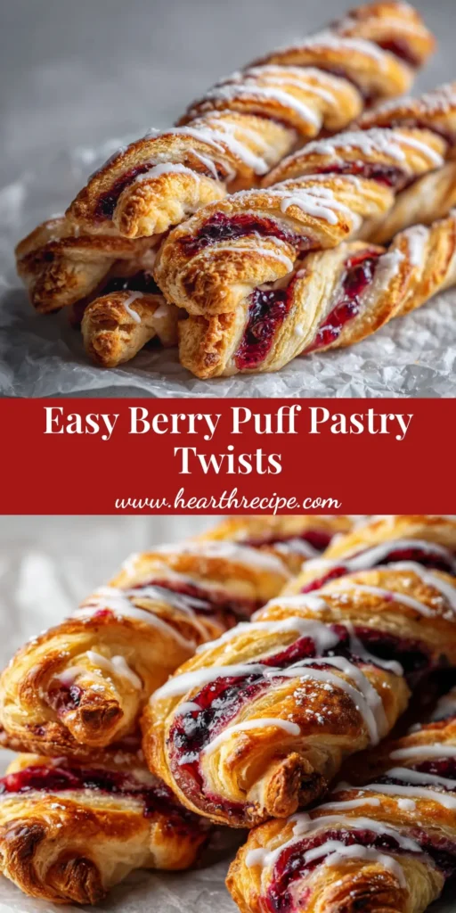 A close-up handheld smartphone photo of golden baked puff pastry twists with jammy dark red and purple mixed berry compote, resting on crumpled white parchment paper.