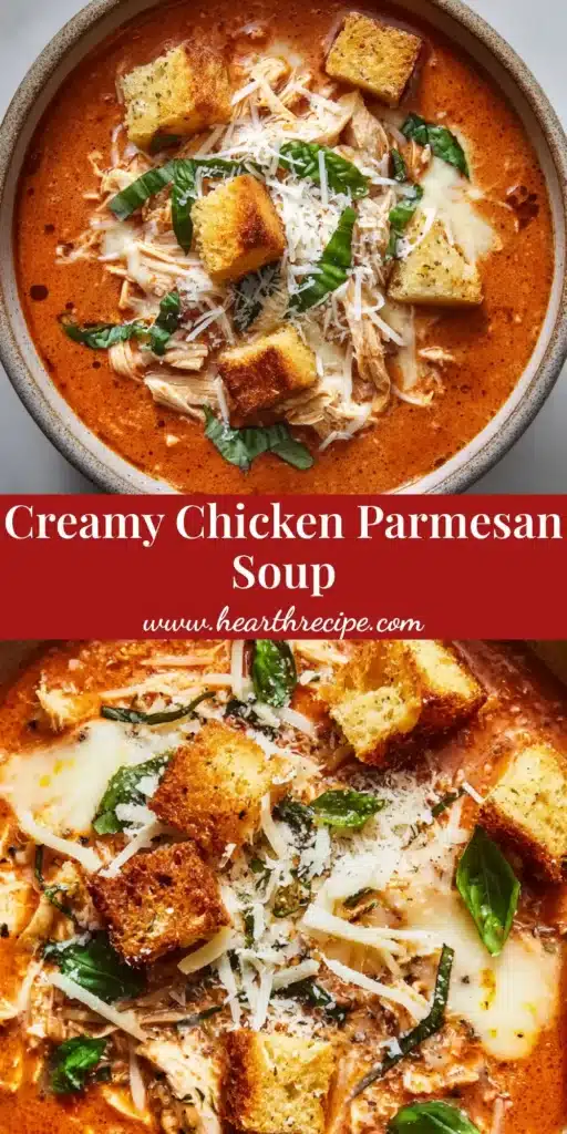 Close up overhead view of thick creamy reddish-orange chicken parmesan soup topped with stringy mozzarella, croutons, and fresh torn basil.
