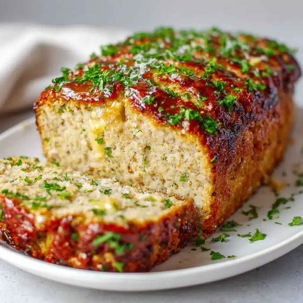 A thick, juicy slice of garlic parmesan chicken meatloaf showing its tender interior and crispy golden crust.