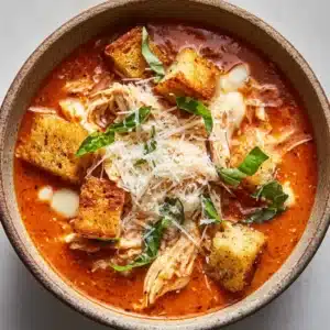 Ingredients for Creamy Chicken Parmesan Soup including chicken, crushed tomatoes, heavy cream, mozzarella, and fresh basil.