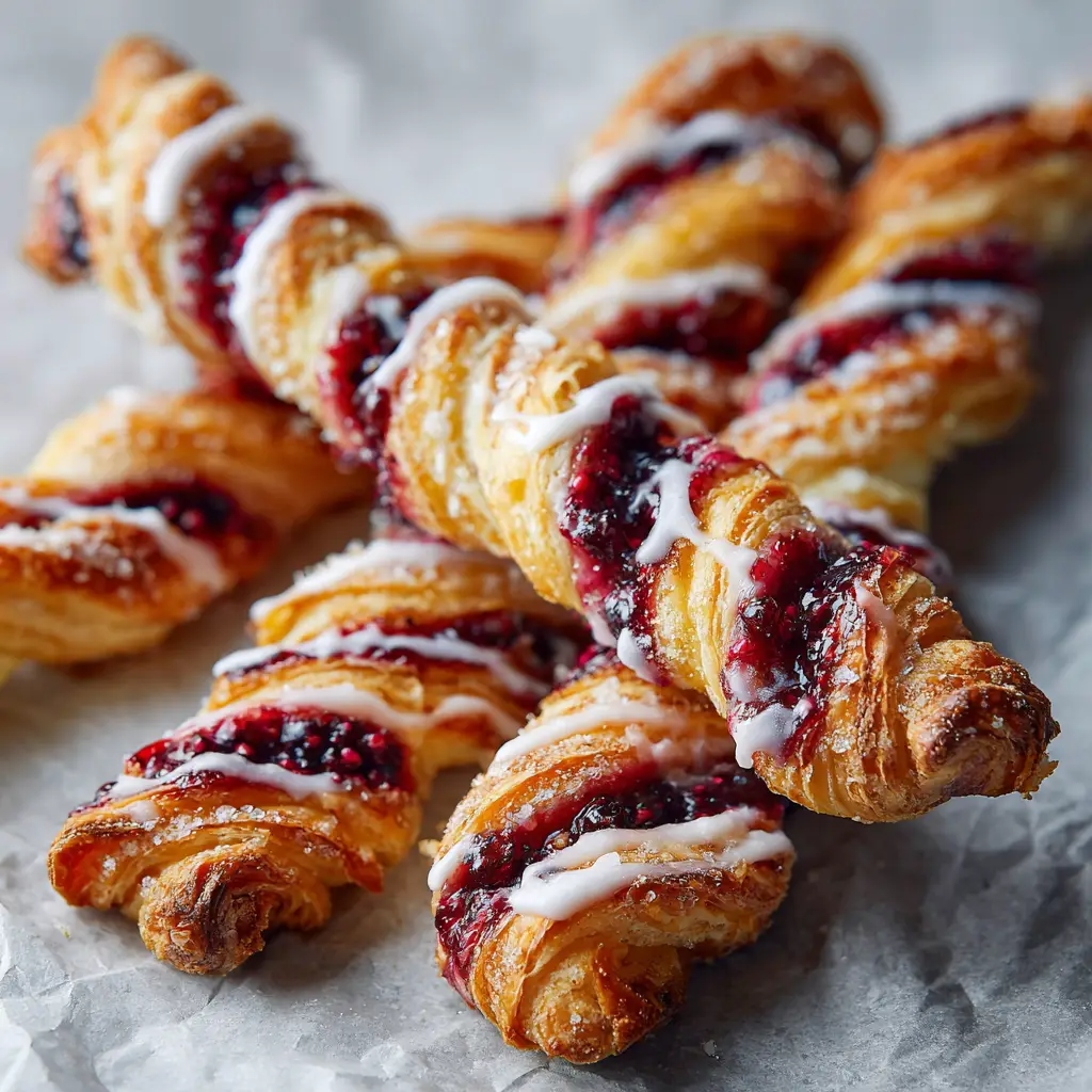 Close up of deeply golden-brown and crispy puff pastry twists with delicate flaky layers pulling apart.